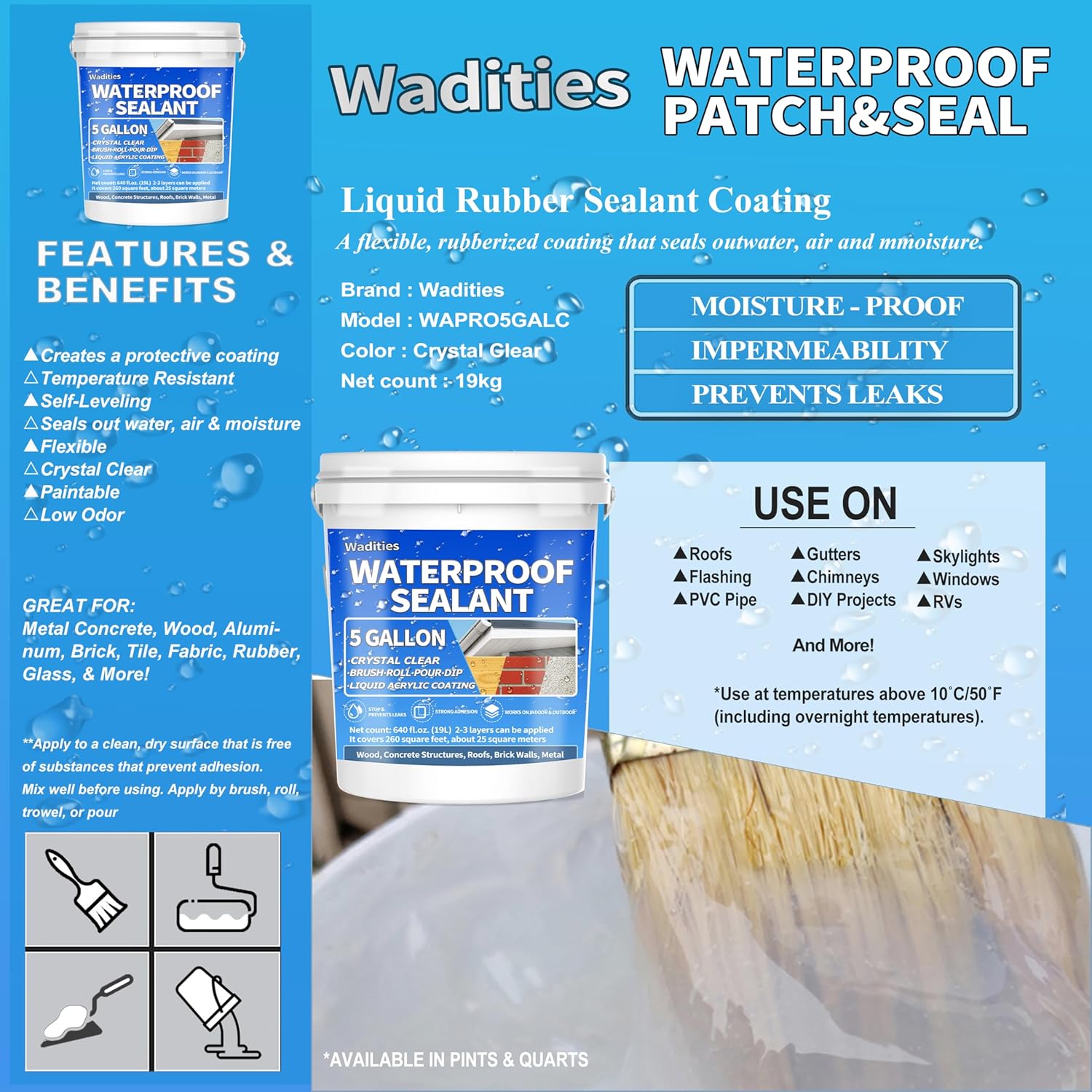 Wadities Wall Bathroom Roof Water-Based Waterproof Coating, Liquid Waterproof Sealant Clear - 5 Gallon