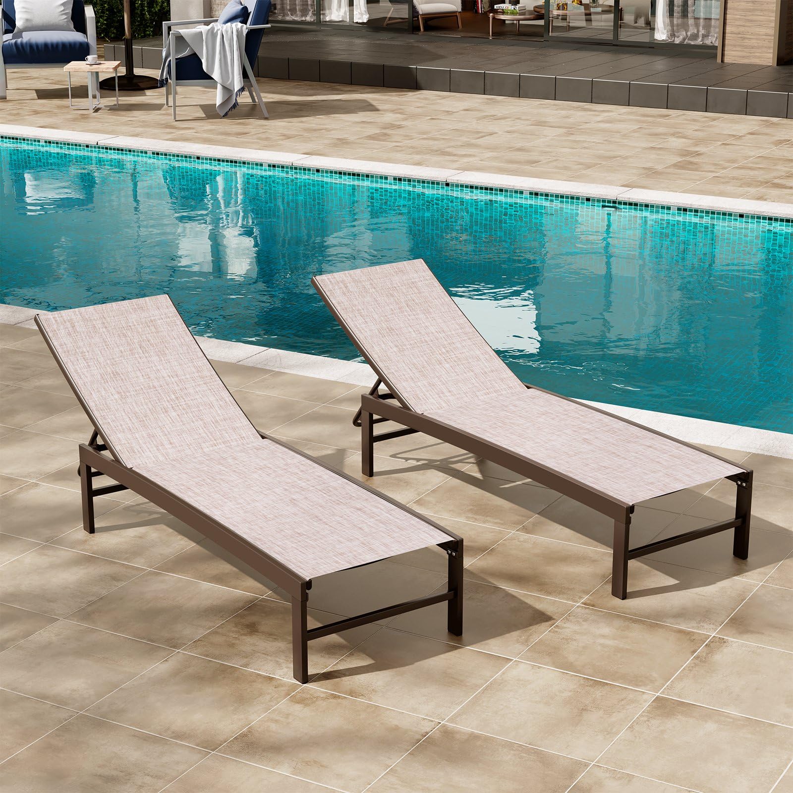 Crestlive Products Lounge Chair Outdoor Set of 2, Aluminum Pool Chaise Lounge Chairs, (Beige)