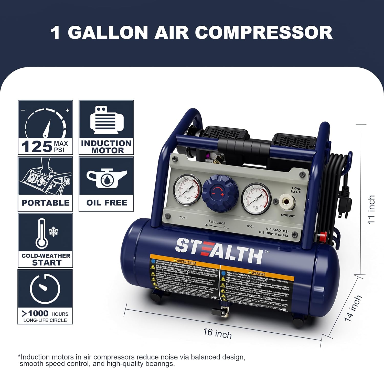 STEALTH Air Compressor 1 Gallon, 1/2HP Max 125 PSI, Induction Motor, 0.8 CFM@90PSI, 1.3 CFM@40PSI, SAUQ-1105