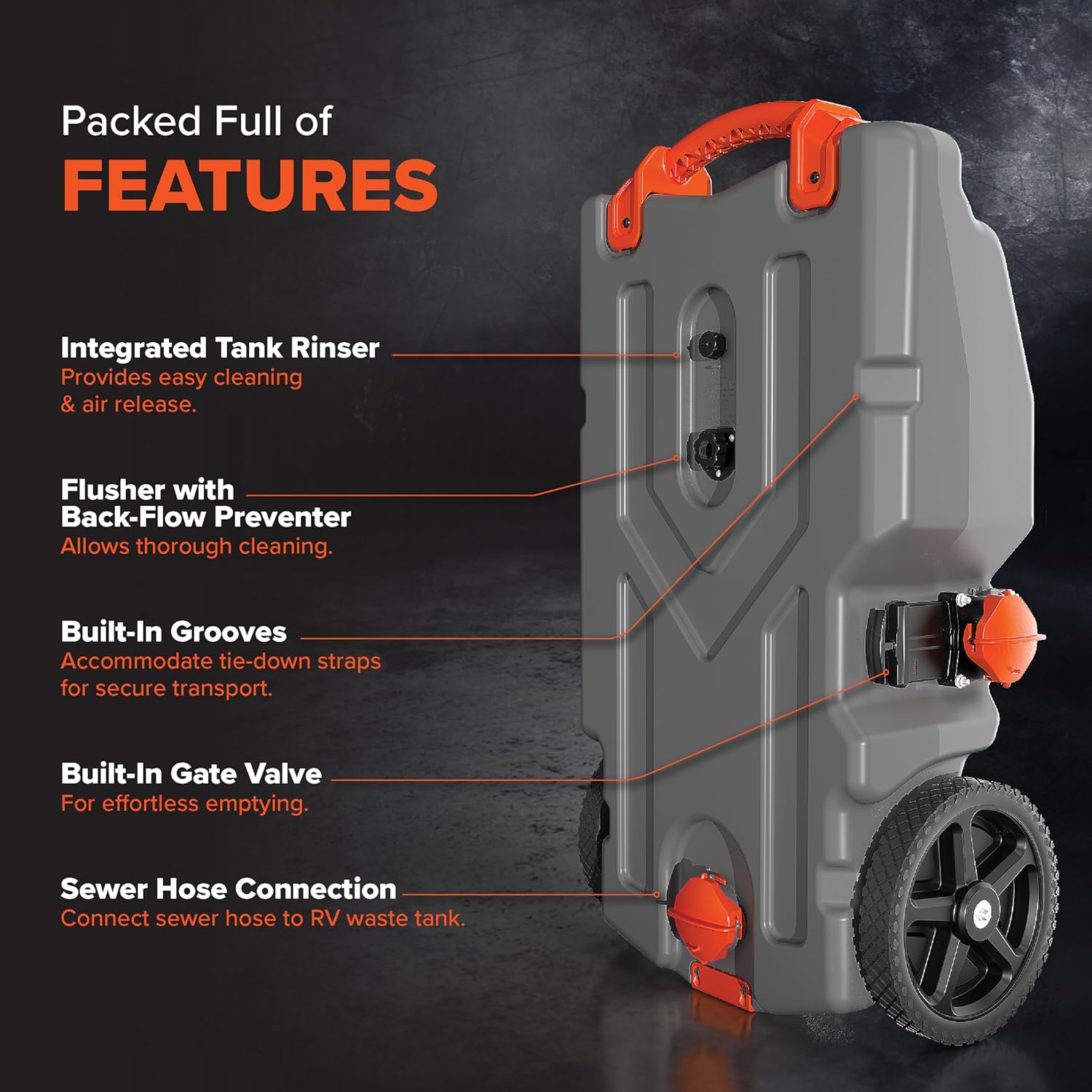 Camco Rhino 36-Gallon Camper/RV Tote Tank - Features Large Heavy-Duty No-Flat Wheels & Built-In Gate Valve