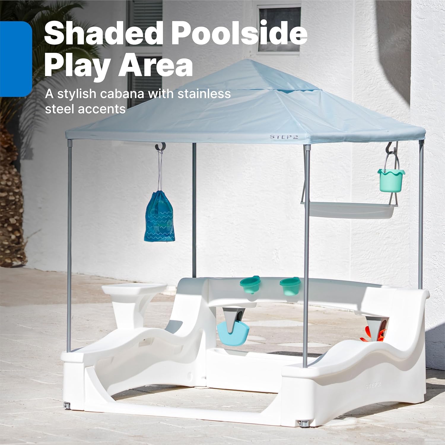 Step2 Vero Kid Cabana, Shaded Poolside Retreat with Water Play and Snack Station, Fade-Resistant, Waterproof, Easy Assembly, White