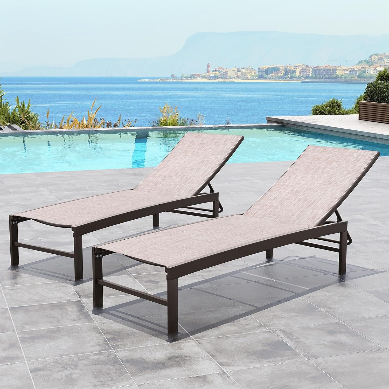 Crestlive Products Lounge Chair Outdoor Set of 2, Aluminum Pool Chaise Lounge Chairs, (Beige)