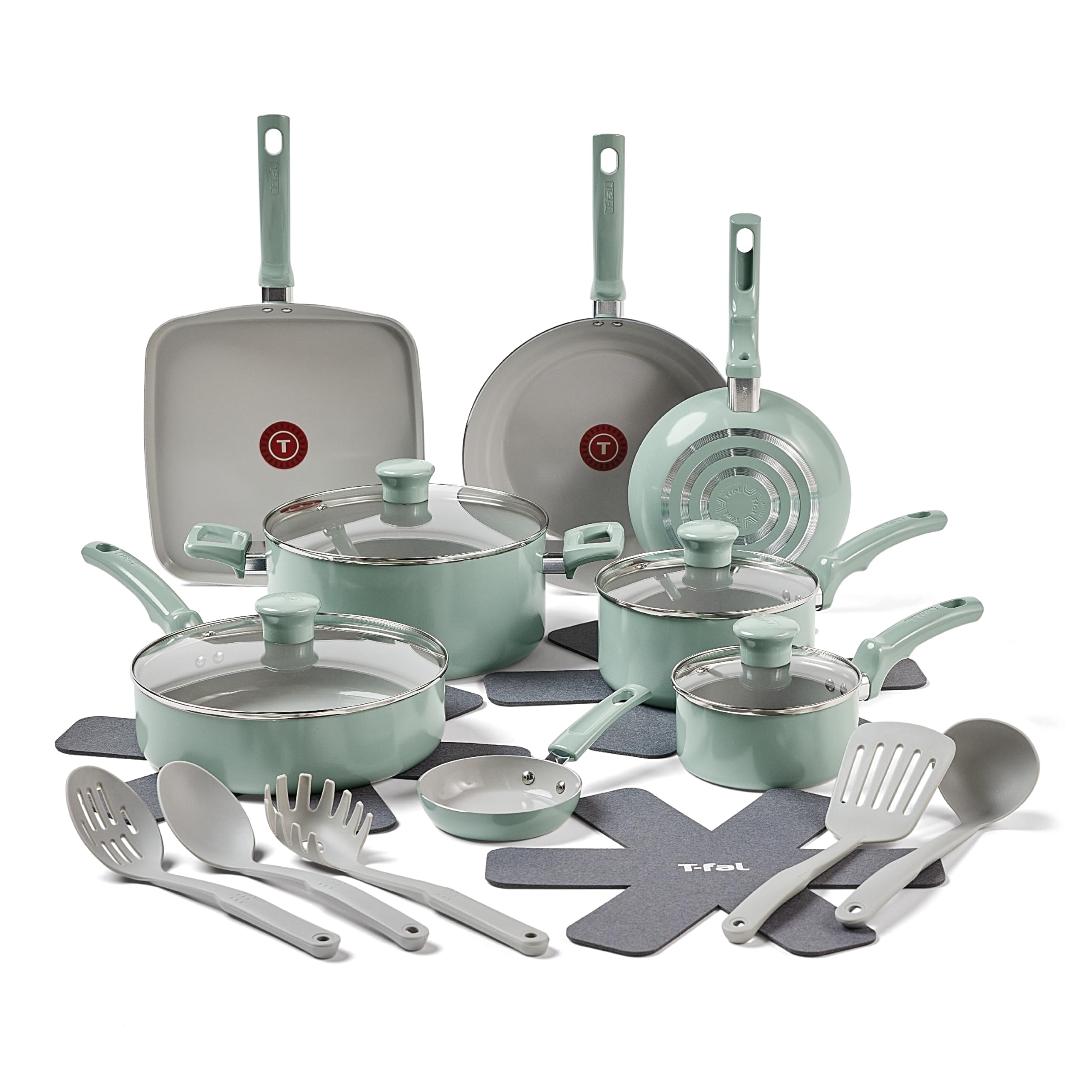 T-fal Refresh Ceramic, Ceramic Non Stick Cookware Set 20 Piece, Oven Broiler Safe 350F, Kitchen Set w/Egg Pan, Mint Green