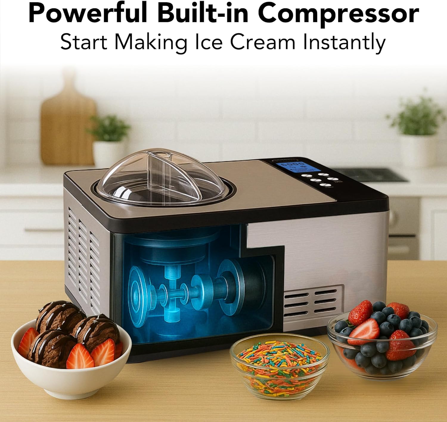 Whynter Ice Cream Maker Machine Automatic 2.1 Qt. with Built-In Compressor, ICM-200LS, Stainless Steel