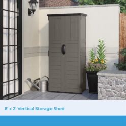 Suncast Outdoor 32.25 in. W x 24.75 in. D x 72 in. H Resin Vertical Tool Shed, Stoney