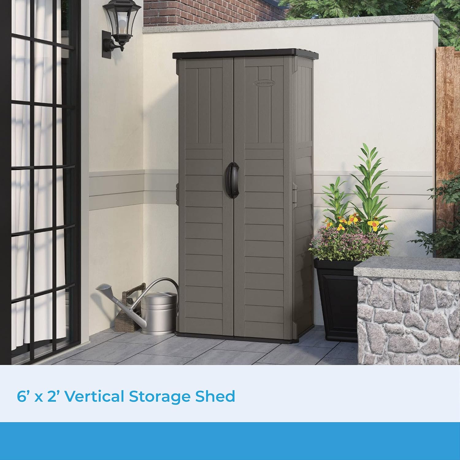 Suncast Outdoor 32.25 in. W x 24.75 in. D x 72 in. H Resin Vertical Tool Shed, Stoney