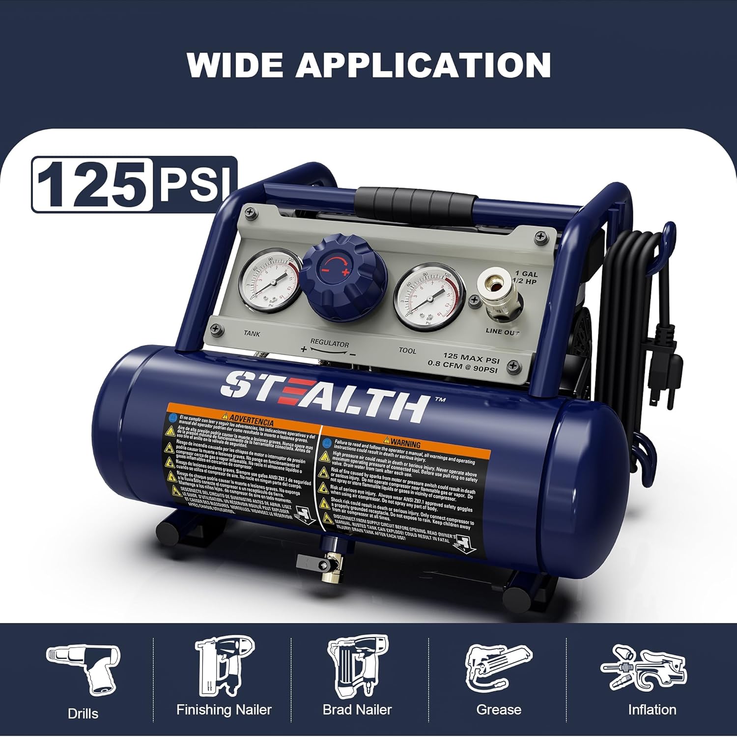 STEALTH Air Compressor 1 Gallon, 1/2HP Max 125 PSI, Induction Motor, 0.8 CFM@90PSI, 1.3 CFM@40PSI, SAUQ-1105