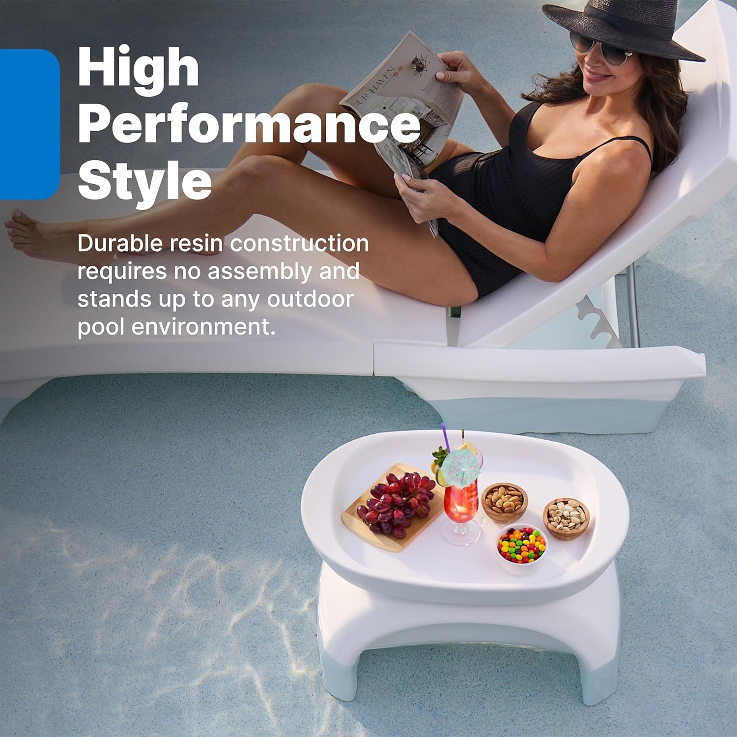 Step2 Vero Side Table with Serving Tray, Outdoor/Indoor Waterproof Patio Furniture, Use in Pools Up to 9" Water or Poolside Ledge, White