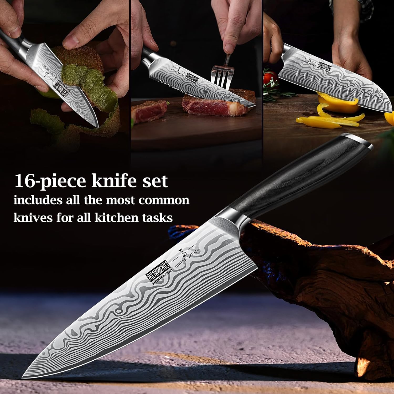 HOSHANHO 16-Piece Knife Set with Block, Ultra Sharp High Carbon Powder Steel Knife Block Set