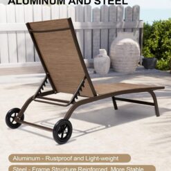 Crestlive Products Outdoor Chaise Lounge Chairs with Wheels Set of 2, Pool Lounge Chairs with 5 Adjustable Position, Brown