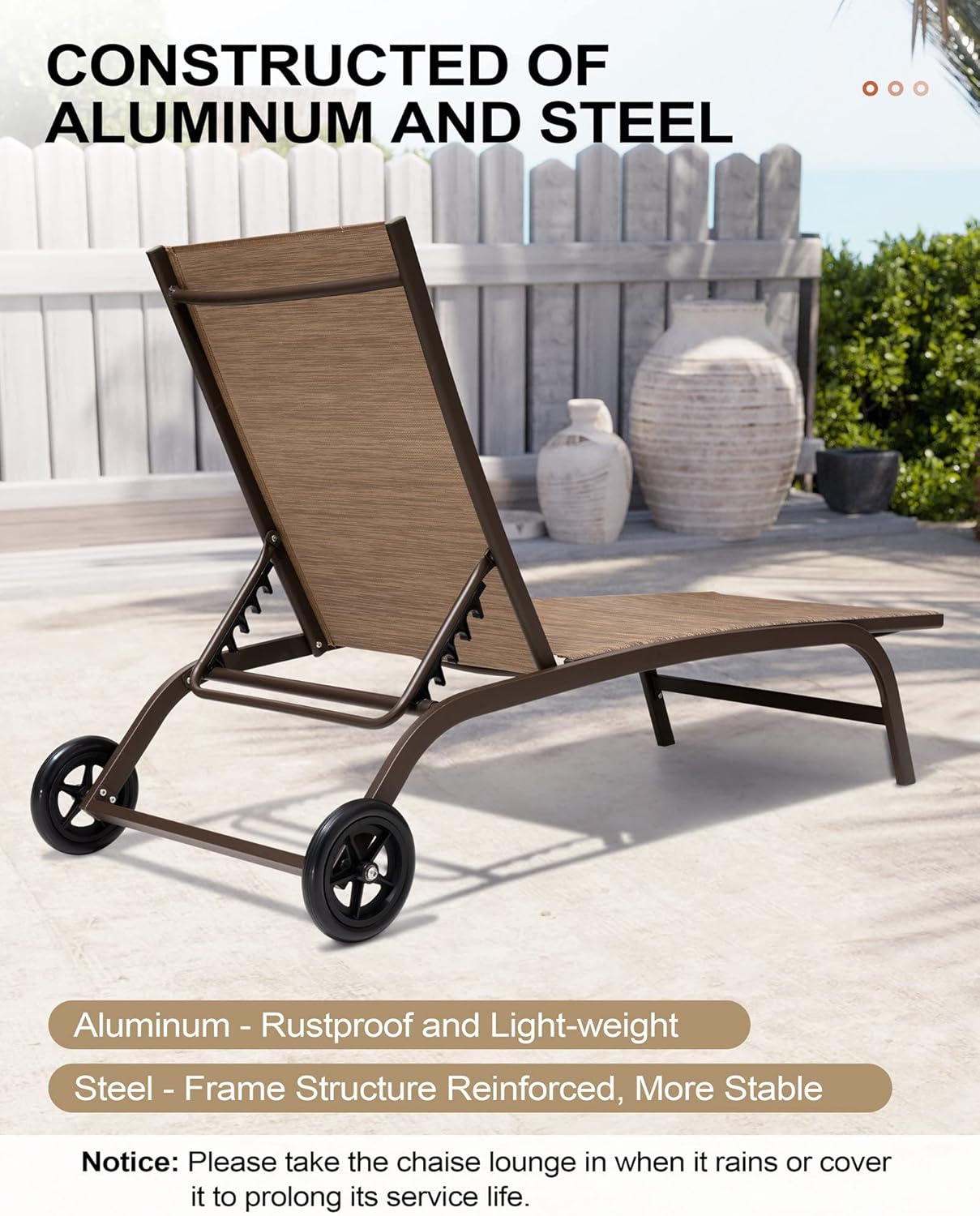 Crestlive Products Outdoor Chaise Lounge Chairs with Wheels Set of 2, Pool Lounge Chairs with 5 Adjustable Position, Brown