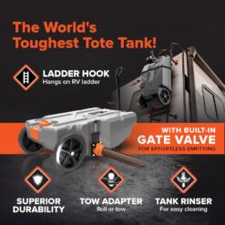 Camco Rhino 36-Gallon Portable RV Tote Tank - Features 2 Steerable No-Flat Front Wheels & Built-in Gate Valve