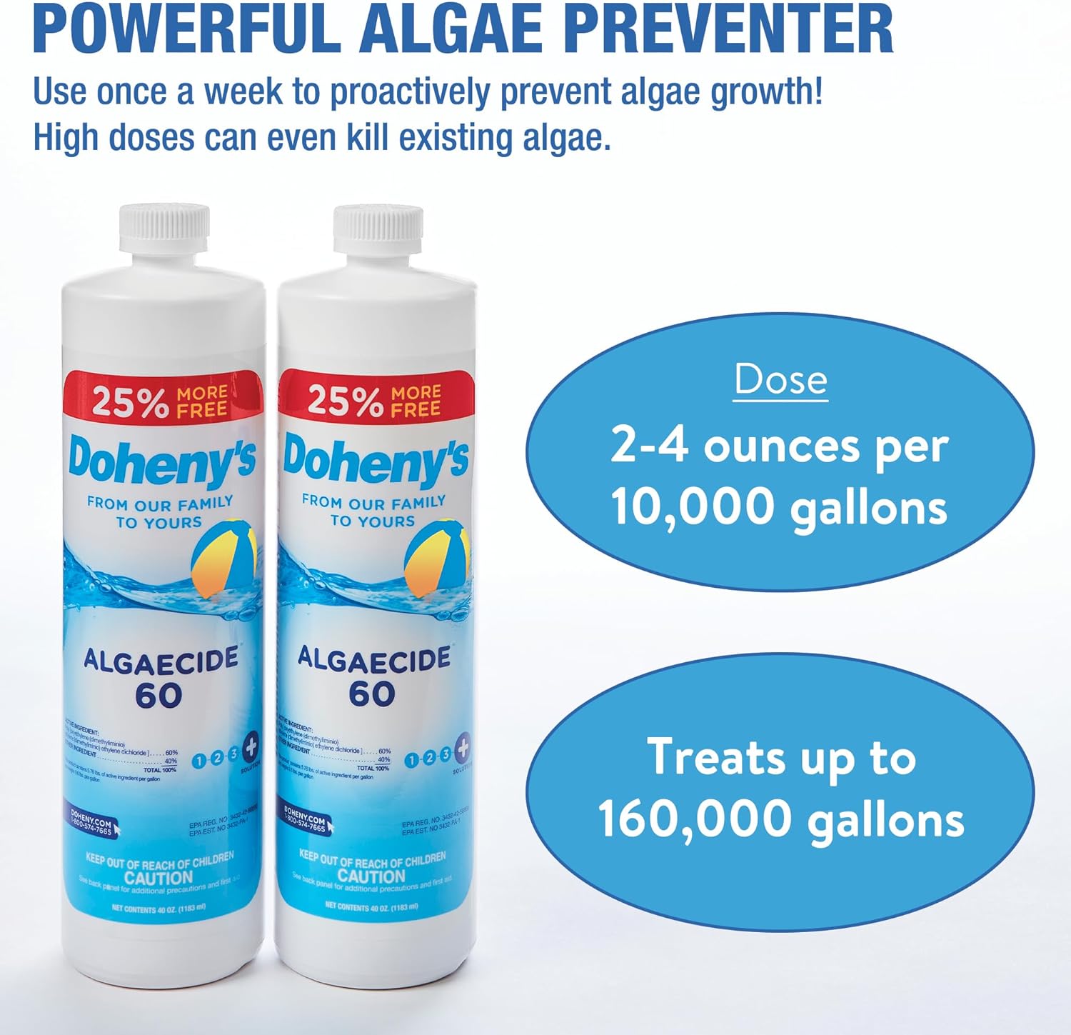 Doheny's Algaecide 60, Pro-Grade, Metal-Free & Non-Foaming, Prevents All Algae Types, No Stains or Clouding, 4 x 40oz (160oz)