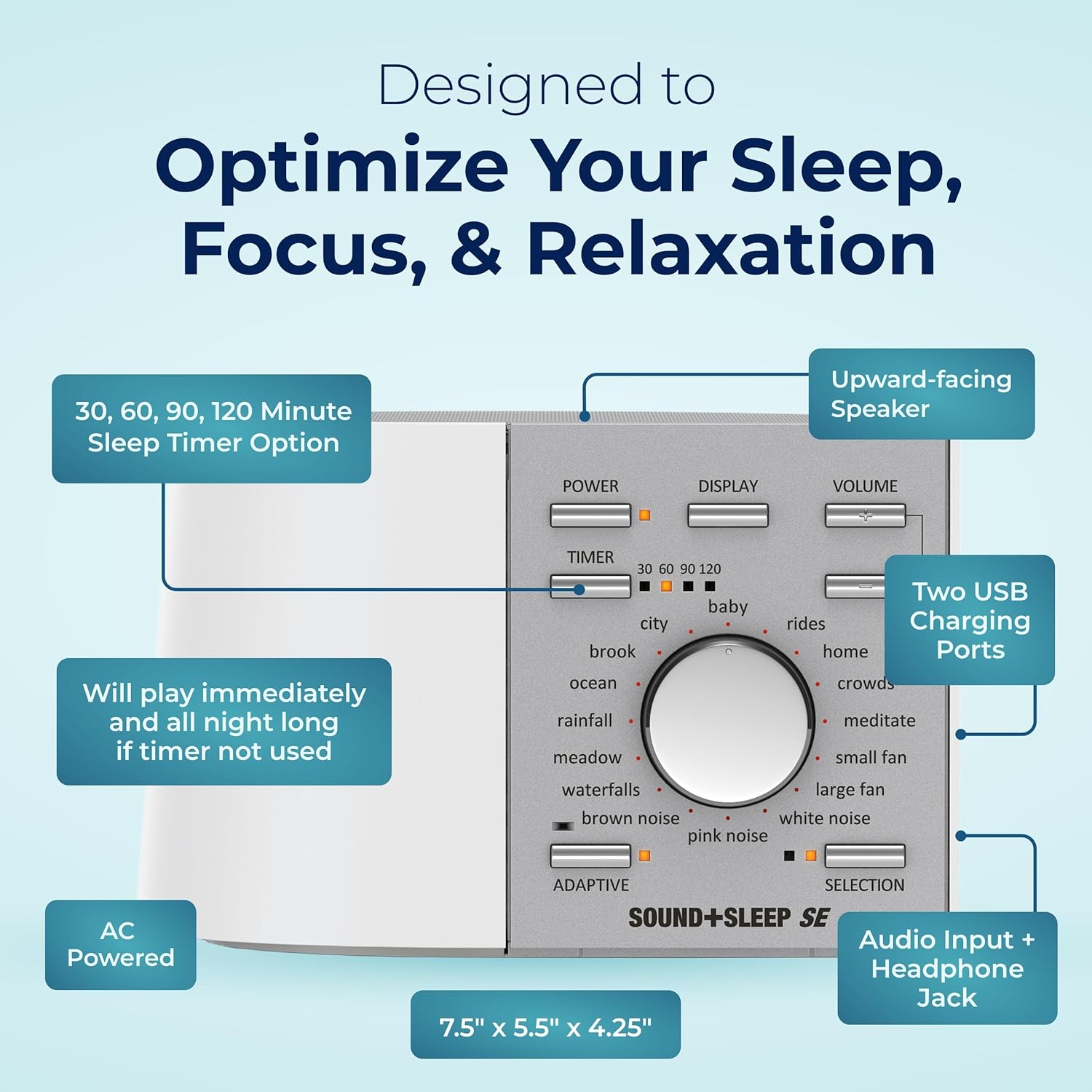 Adaptive Sound Technologies Sound + Sleep SE Noise Machine - White Noise Machine - White/Silver