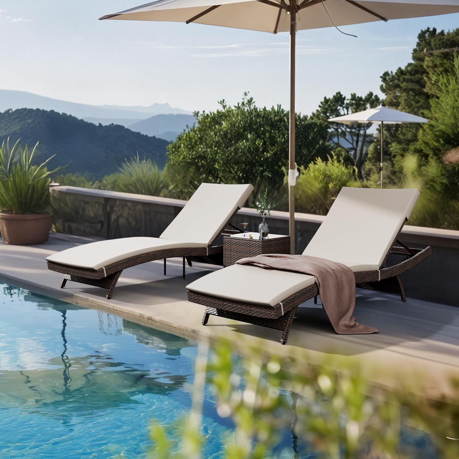 Pamapic Patio Chaise Lounge Set 3 Pieces with Adjustable Backrest and Removable Cushion