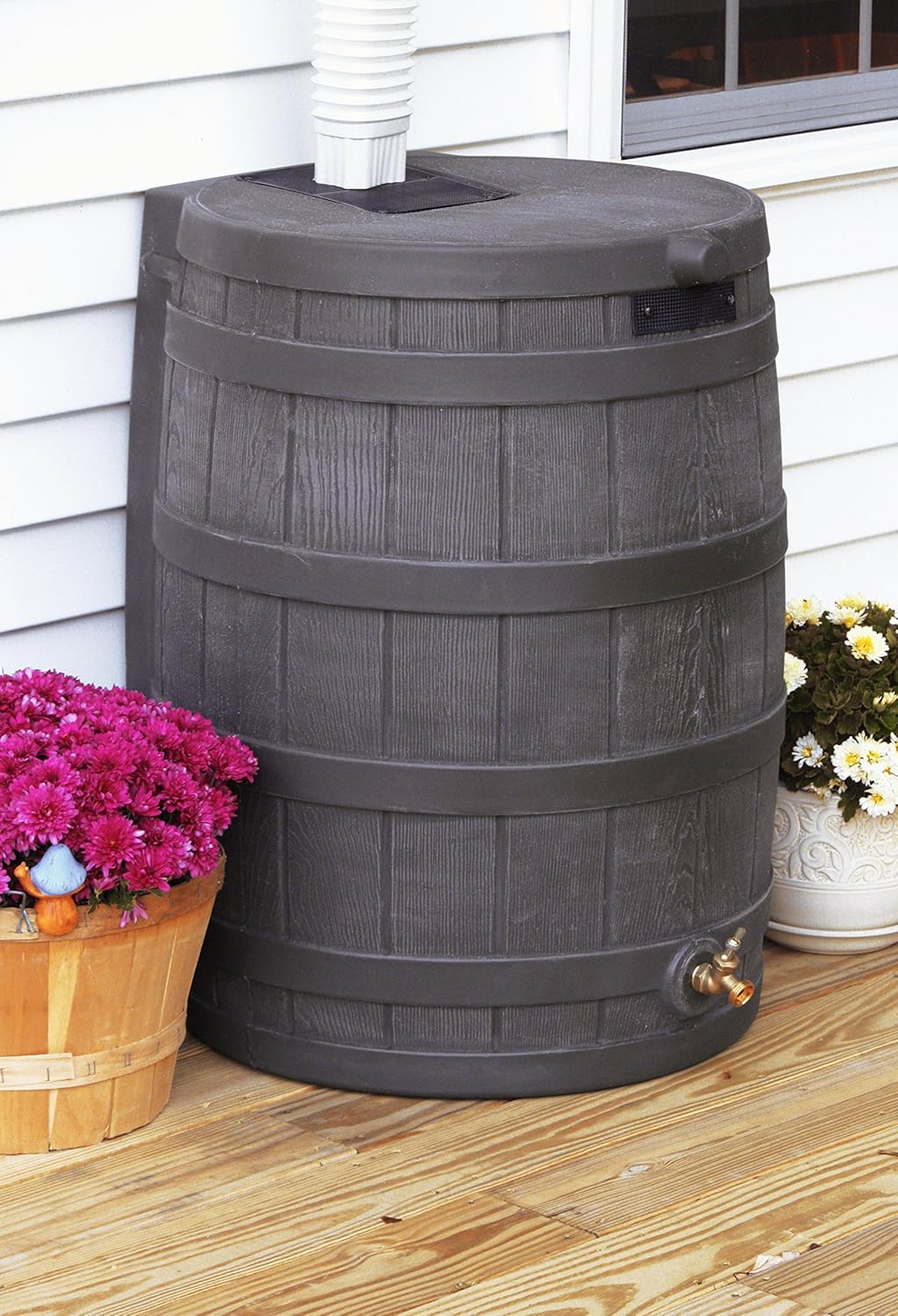 Good Ideas Rain Wizard 50 Gallon Plastic Rain Barrel for Outdoor Rainwater Collection, Oak