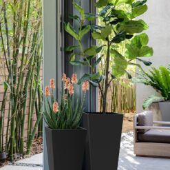 Veradek V-Resin Indoor/Outdoor Taper Planter (Black, 30 inch - 2 Pack with 2 Saucer Trays)