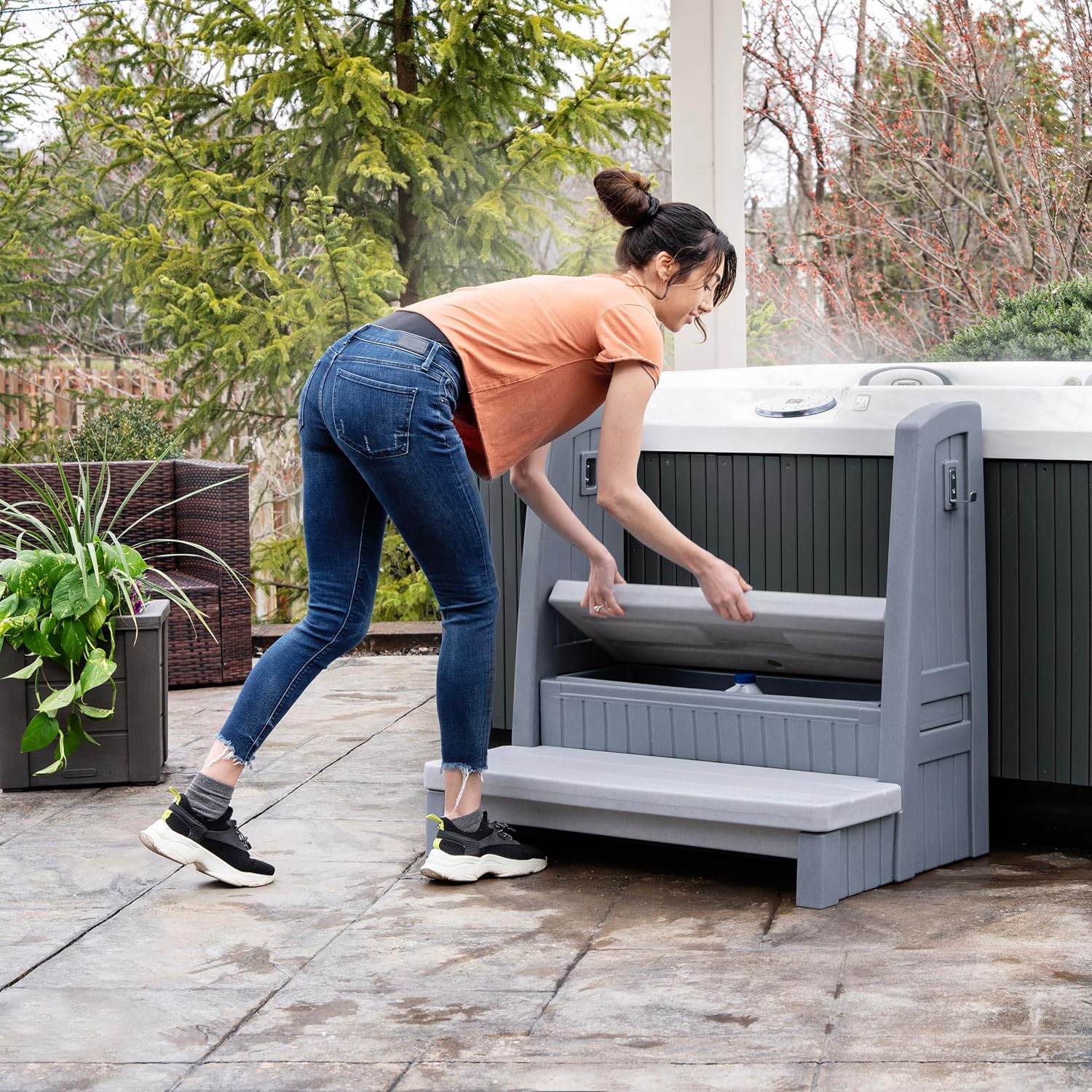 Step2 Hot Tub Storage Steps with Handrails, 2-Step Stool, Waterproof Stairs for Outdoor/Indoor Pool or Jacuzzi, Made of Durable Plastic, Gray