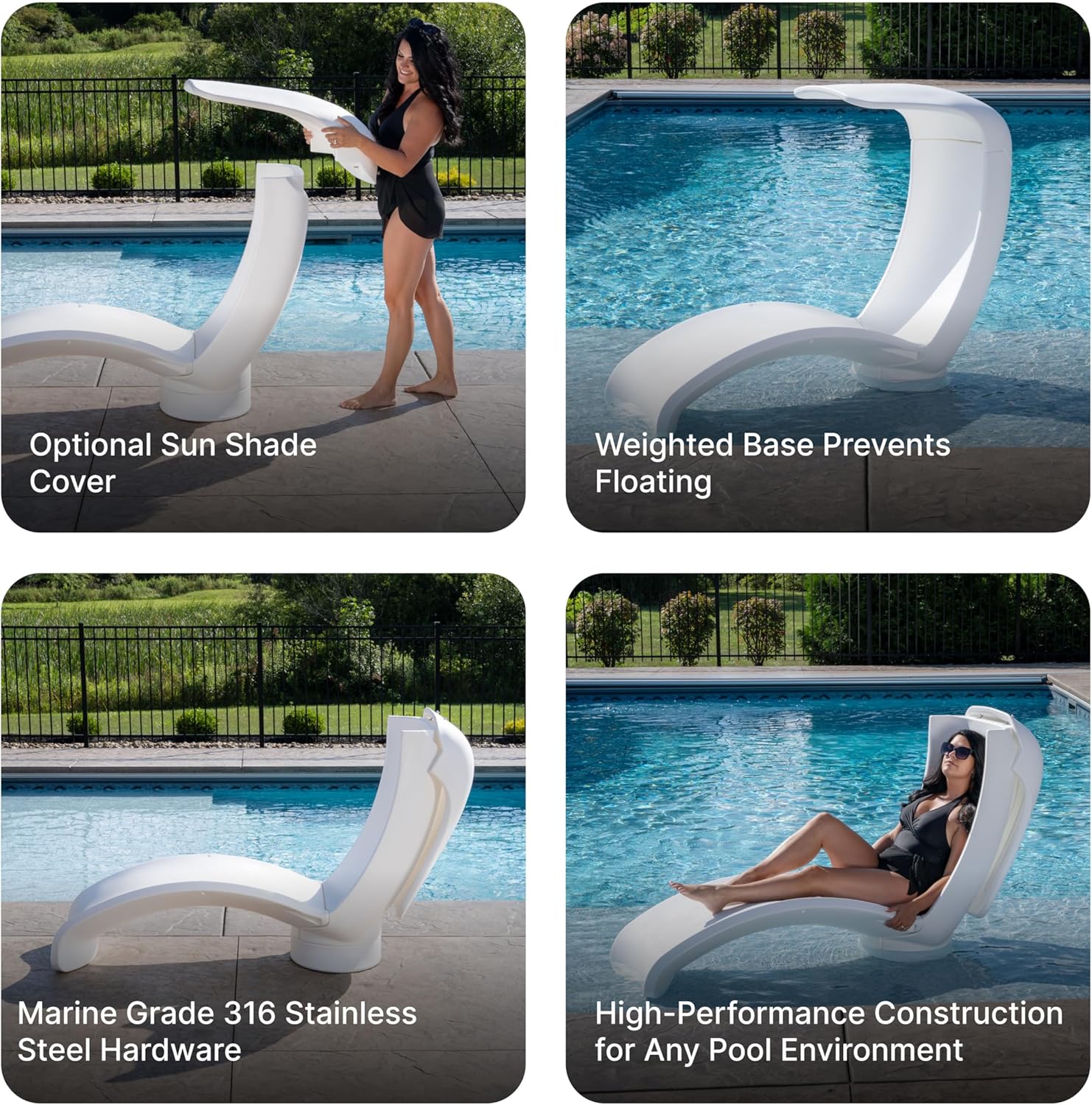 Step2 Mondello Lounger with Shade, Stylish Poolside Lounger, Fade-Resistant, Waterproof Patio Furniture for Sun Shelf, Weighted, White