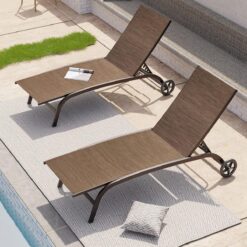 Crestlive Products Outdoor Chaise Lounge Chairs with Wheels Set of 2, Pool Lounge Chairs with 5 Adjustable Position, Brown