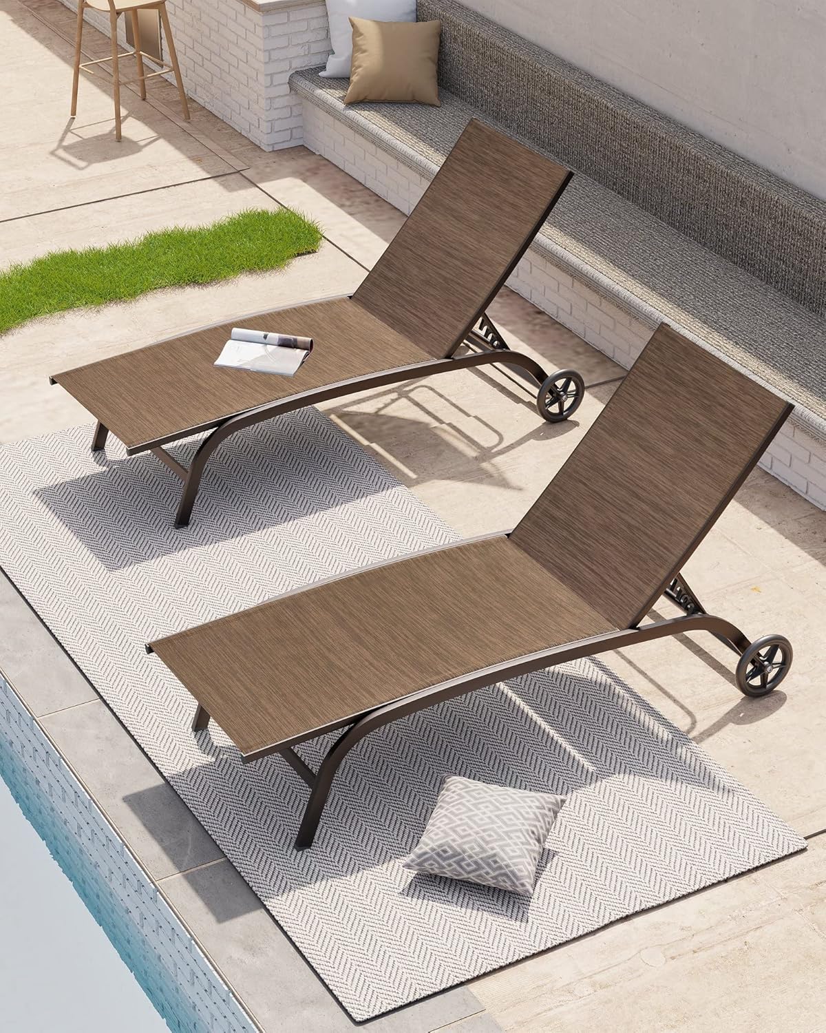Crestlive Products Outdoor Chaise Lounge Chairs with Wheels Set of 2, Pool Lounge Chairs with 5 Adjustable Position, Brown