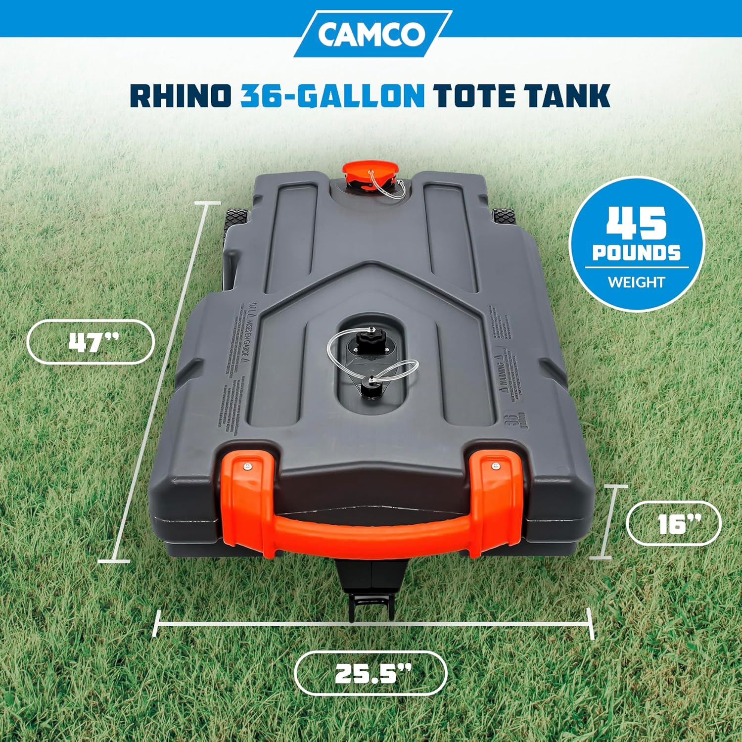 Camco Rhino 36-Gallon Camper/RV Tote Tank - Features Large Heavy-Duty No-Flat Wheels & Built-In Gate Valve