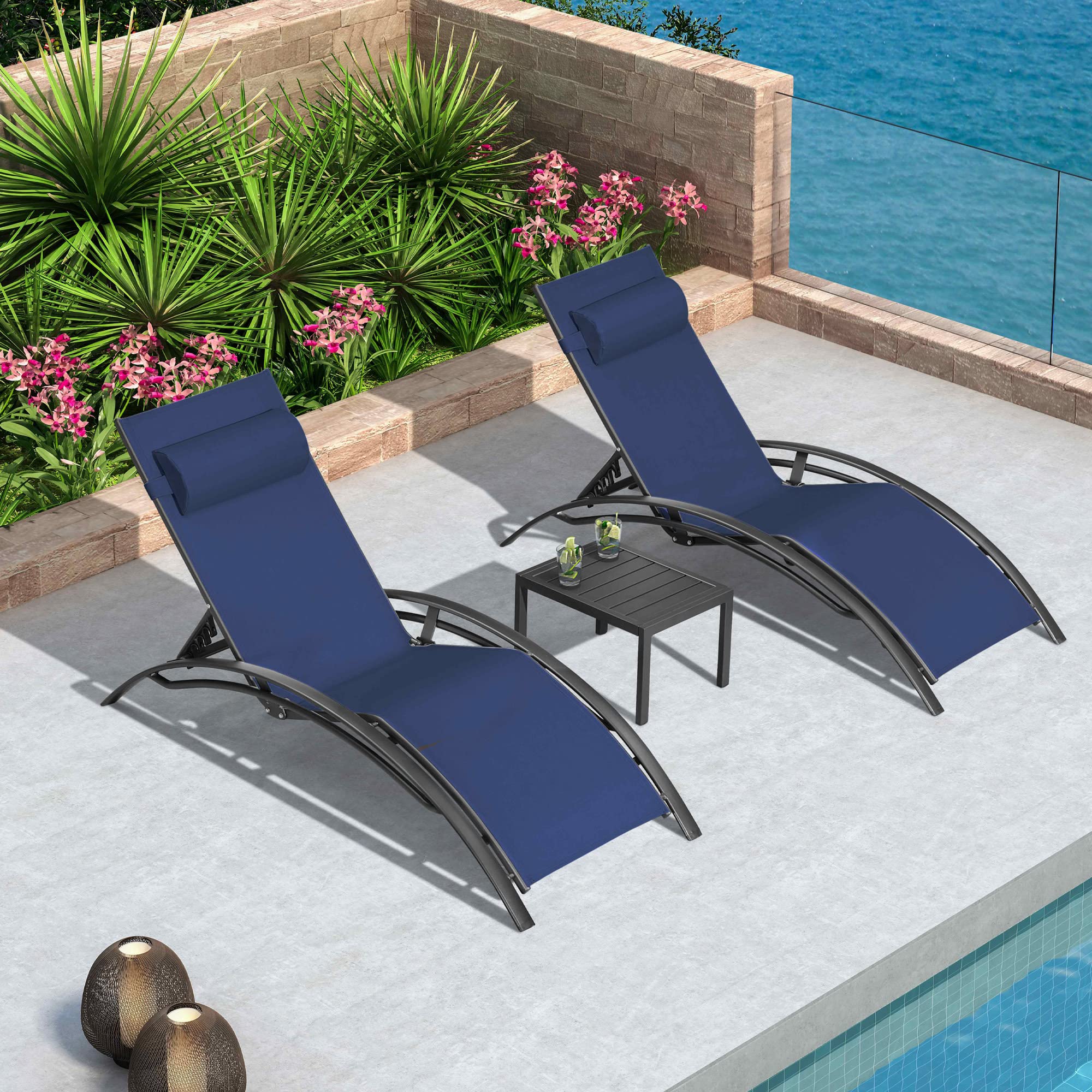PURPLE LEAF Patio Chaise Lounge Set Outdoor Beach Pool Sunbathing Lawn Lounger Recliner, Navy Blue