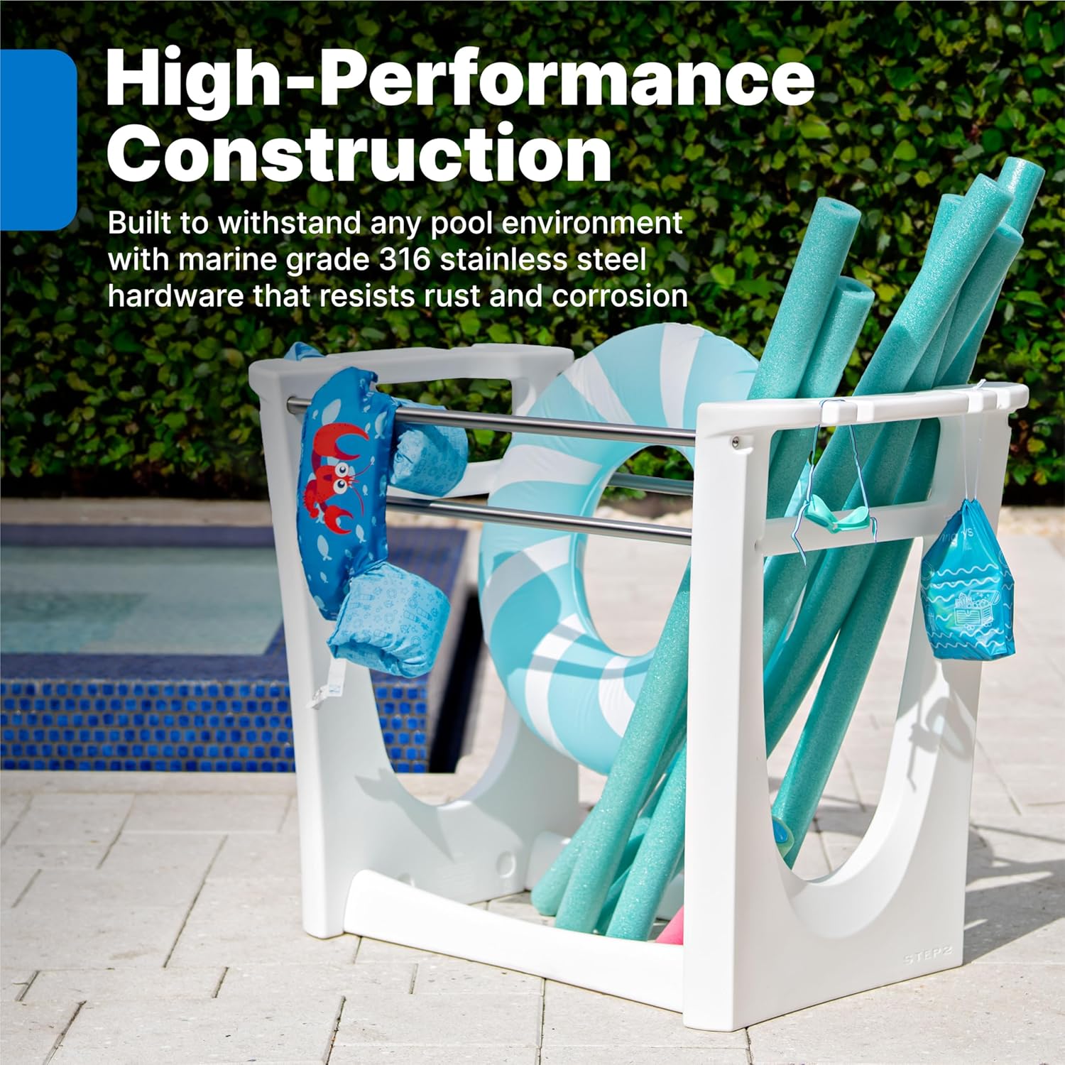 Step2 Vero Poolside Organizer, Outdoor/Indoor Waterproof Patio Furniture, Pool & Toy Storage, Made of Durable Plastic, White
