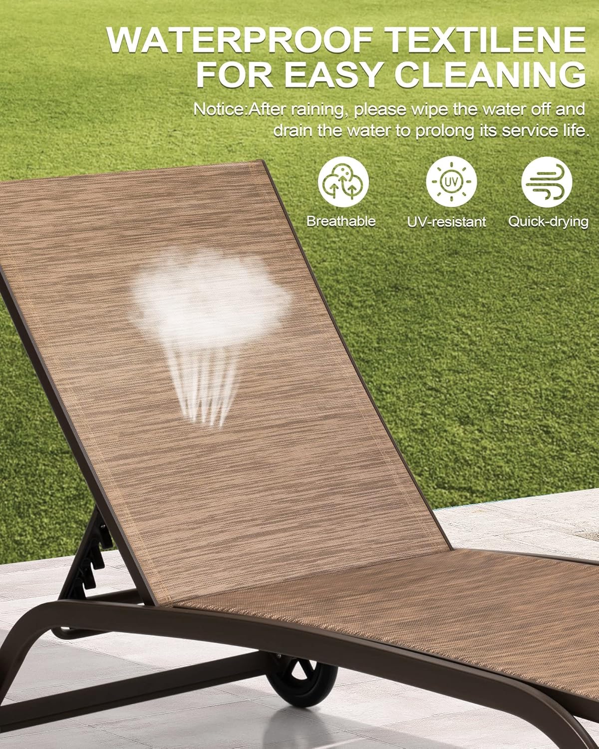 Crestlive Products Outdoor Chaise Lounge Chairs with Wheels Set of 2, Pool Lounge Chairs with 5 Adjustable Position, Brown