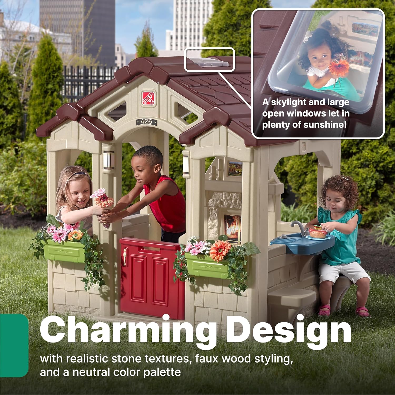 Step2 Charming Cottage Kids Playhouse, Indoor/Outdoor Playset, Interactive Play with Sounds, For Toddlers 2+ Years Old