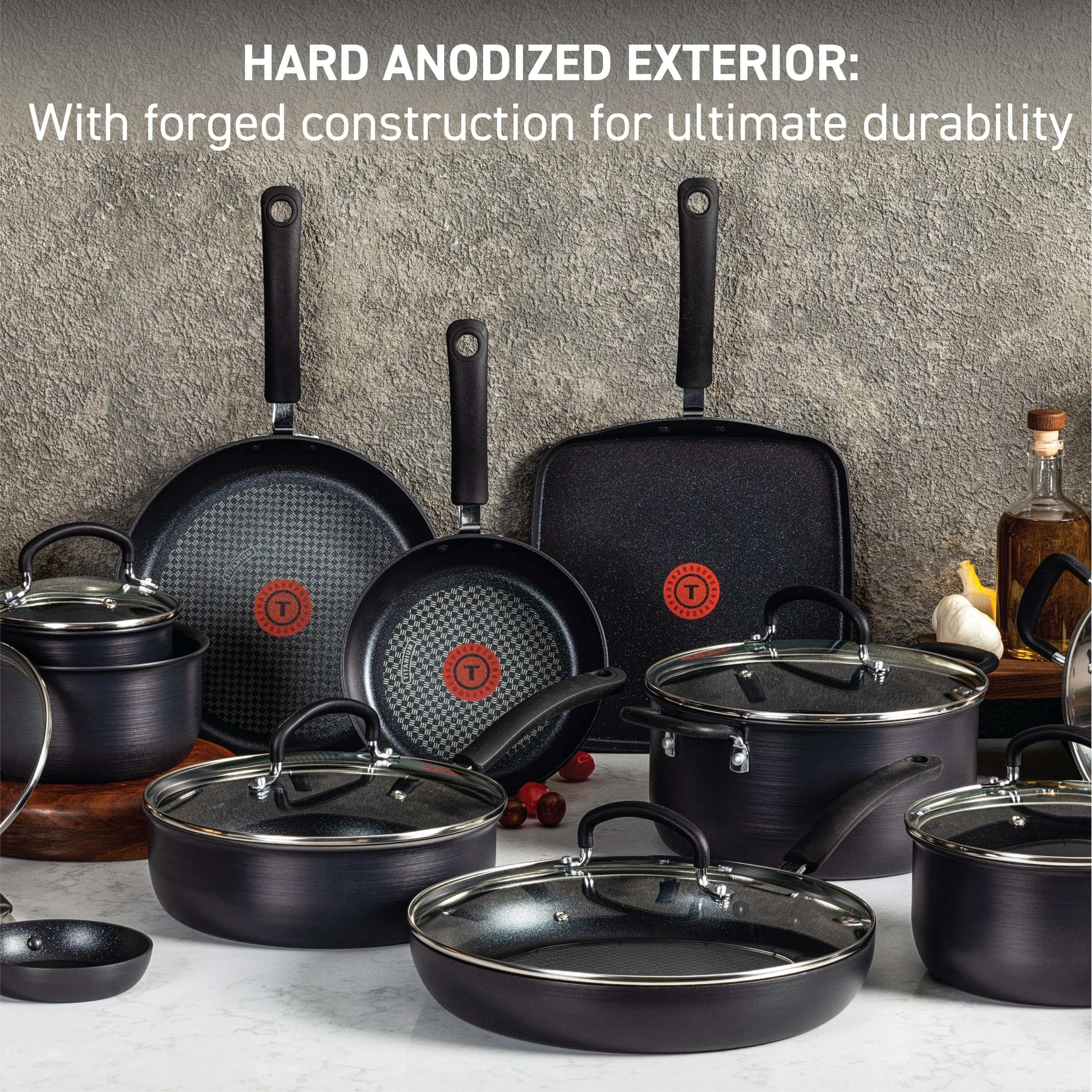 T-fal Ultimate Hard Anodized Nonstick Cookware Set 14 Piece, Oven Broiler Safe 400F, Lid Safe 350F, Kitchen Cooking Set w/Fry Pans, Black - Image 6