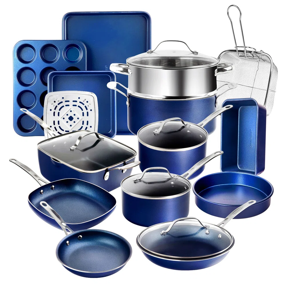 Granitestone Blue 20 Piece Aluminum Non Stick Cookware & Bakeware Set with Ultra Nonstick Surface, Oven & Dishwasher Safe