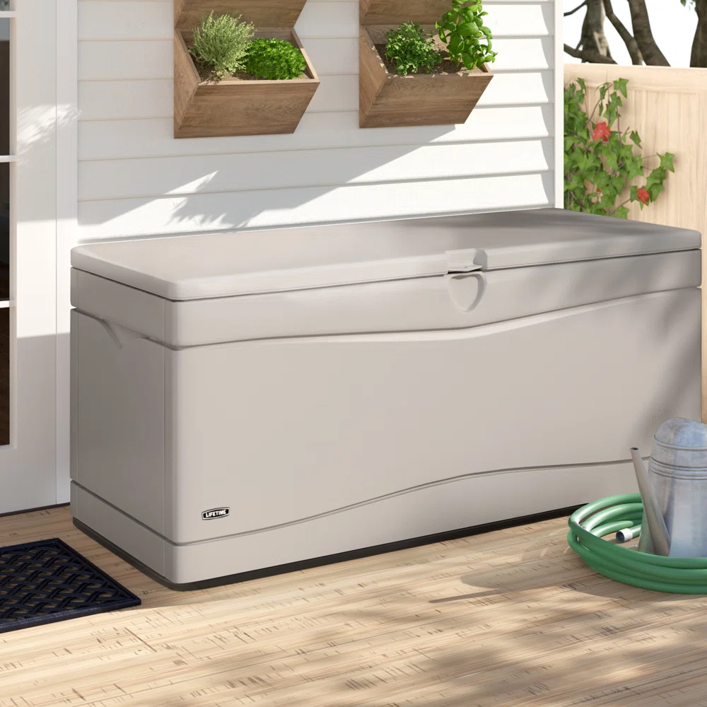 Lifetime 60'' W 130 Gallons Water Resistant Polyethylene Plastic Lockable Deck Box, Desert Sand