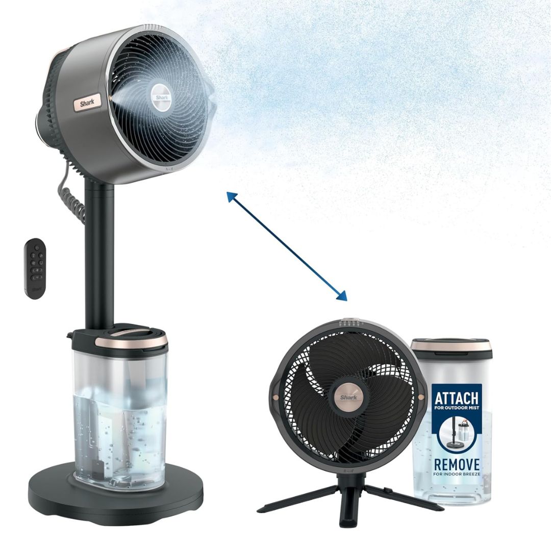 Shark FlexBreeze Pro Mist Fan — Indoor & Outdoor, Integrated Misting, Pedestal to Tabletop, Corded or Cordless, Up to 24-Hr Battery, Oscillating, Charcoal Grey, FA302