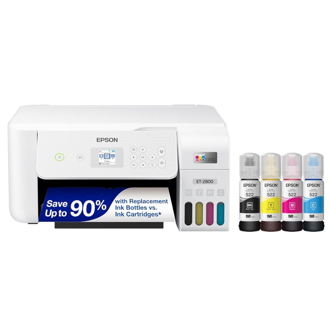 Epson EcoTank ET-2800 Wireless Color All-in-One Cartridge-Free Supertank Printer with Scan and Copy - White, Medium