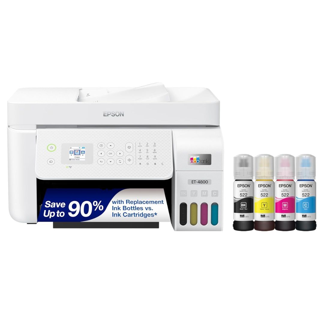 Epson EcoTank ET-4800 Wireless All-in-One Cartridge-Free Supertank Printer with Scanner, Copier, Fax, ADF and Ethernet – Ideal-for Your Home Office, White