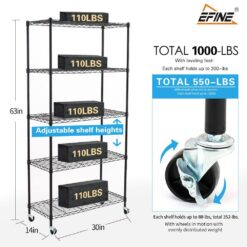 EFINE Black 5-Tier Rolling Carbon Steel Wire Garage Storage Shelving Unit with Casters (30 in. W x 63 in. H x 14 in. D)