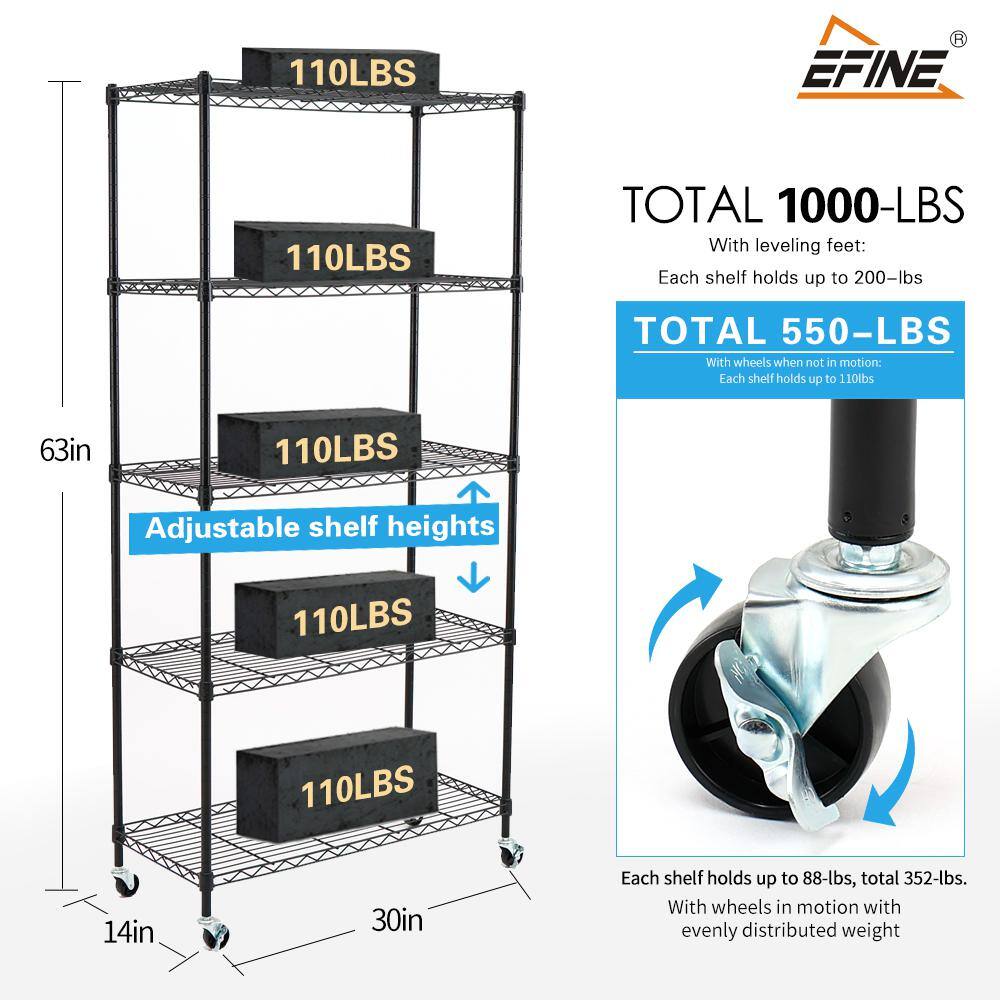 EFINE Black 5-Tier Rolling Carbon Steel Wire Garage Storage Shelving Unit with Casters (30 in. W x 63 in. H x 14 in. D)