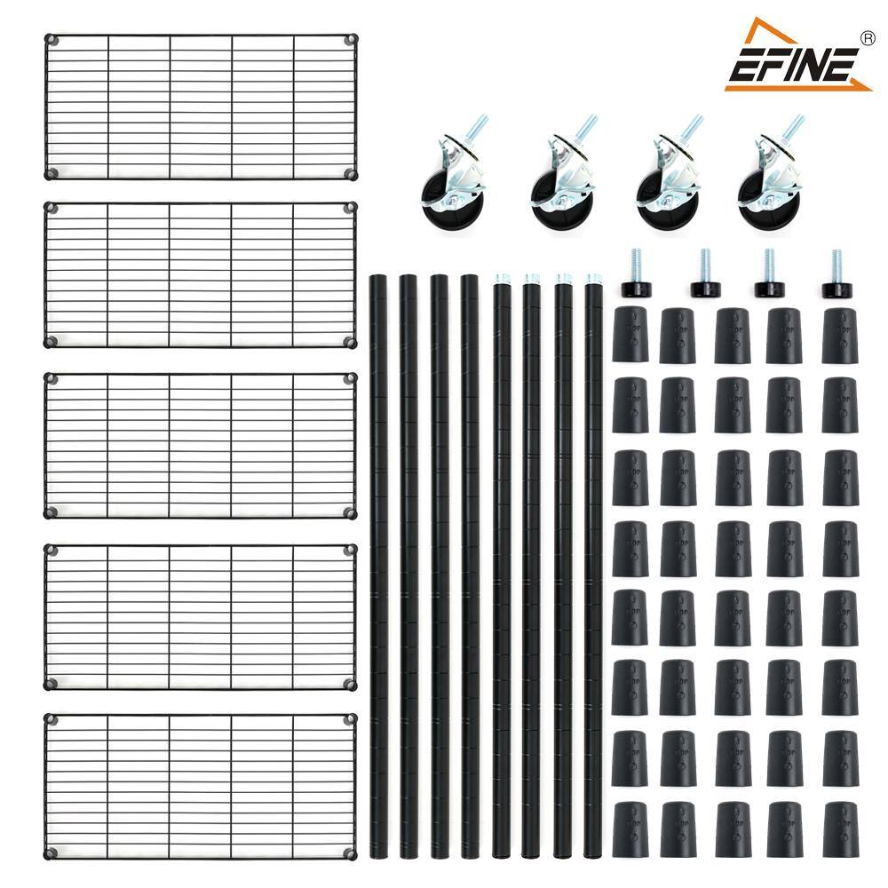 EFINE Black 5-Tier Rolling Carbon Steel Wire Garage Storage Shelving Unit with Casters (30 in. W x 63 in. H x 14 in. D)