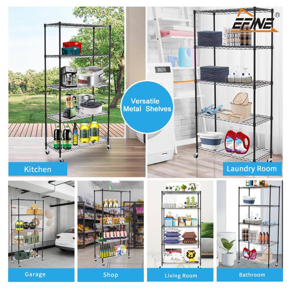 EFINE Black 5-Tier Rolling Carbon Steel Wire Garage Storage Shelving Unit with Casters (30 in. W x 63 in. H x 14 in. D)