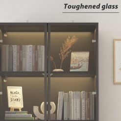 FUFU&GAGA Black Wood Display Cabinet With Tempered Glass Doors and 3-Color LED Lights