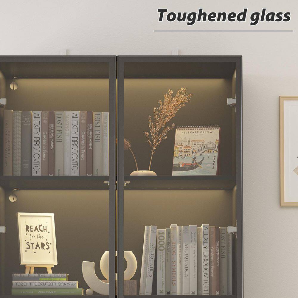 FUFU&GAGA Black Wood Display Cabinet With Tempered Glass Doors and 3-Color LED Lights