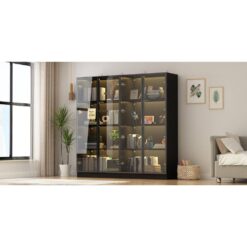 FUFU&GAGA Black Wood Display Cabinet With Tempered Glass Doors and 3-Color LED Lights