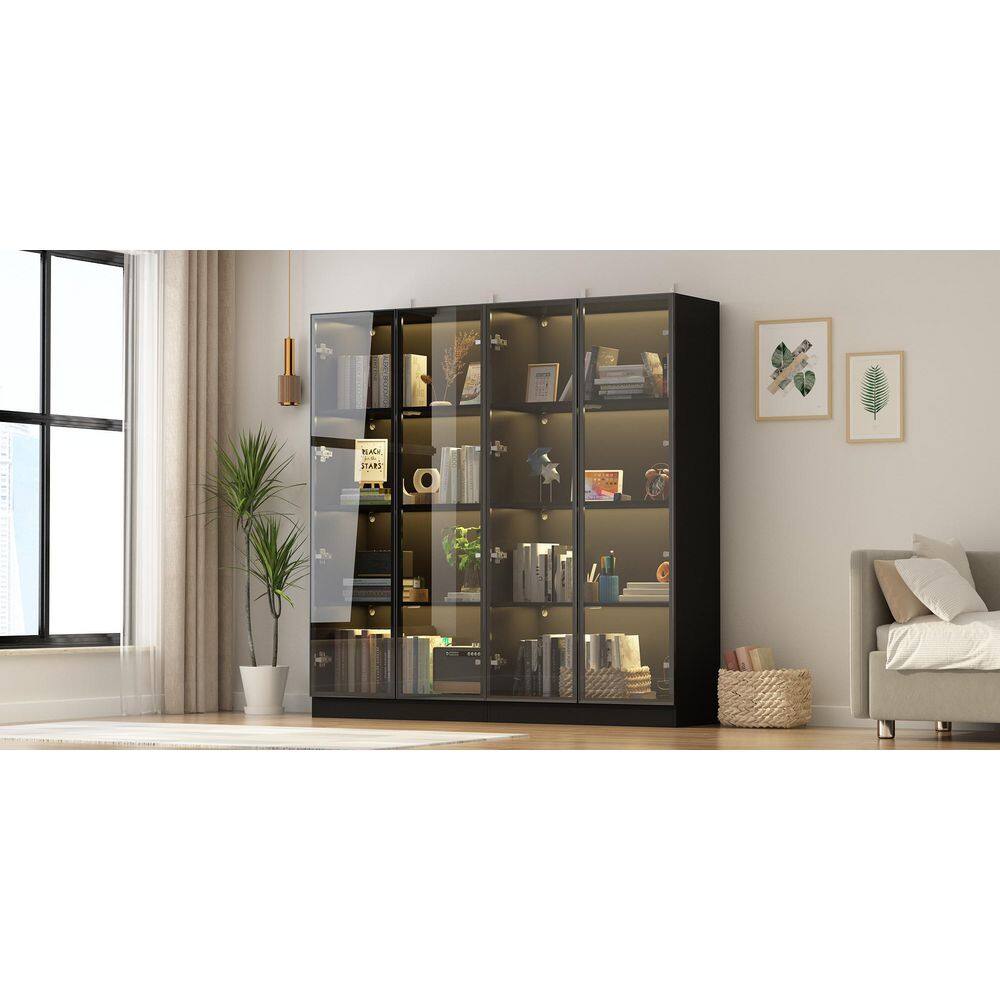 FUFU&GAGA Black Wood Display Cabinet With Tempered Glass Doors and 3-Color LED Lights