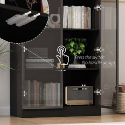 FUFU&GAGA Black Wood Display Cabinet With Tempered Glass Doors and 3-Color LED Lights