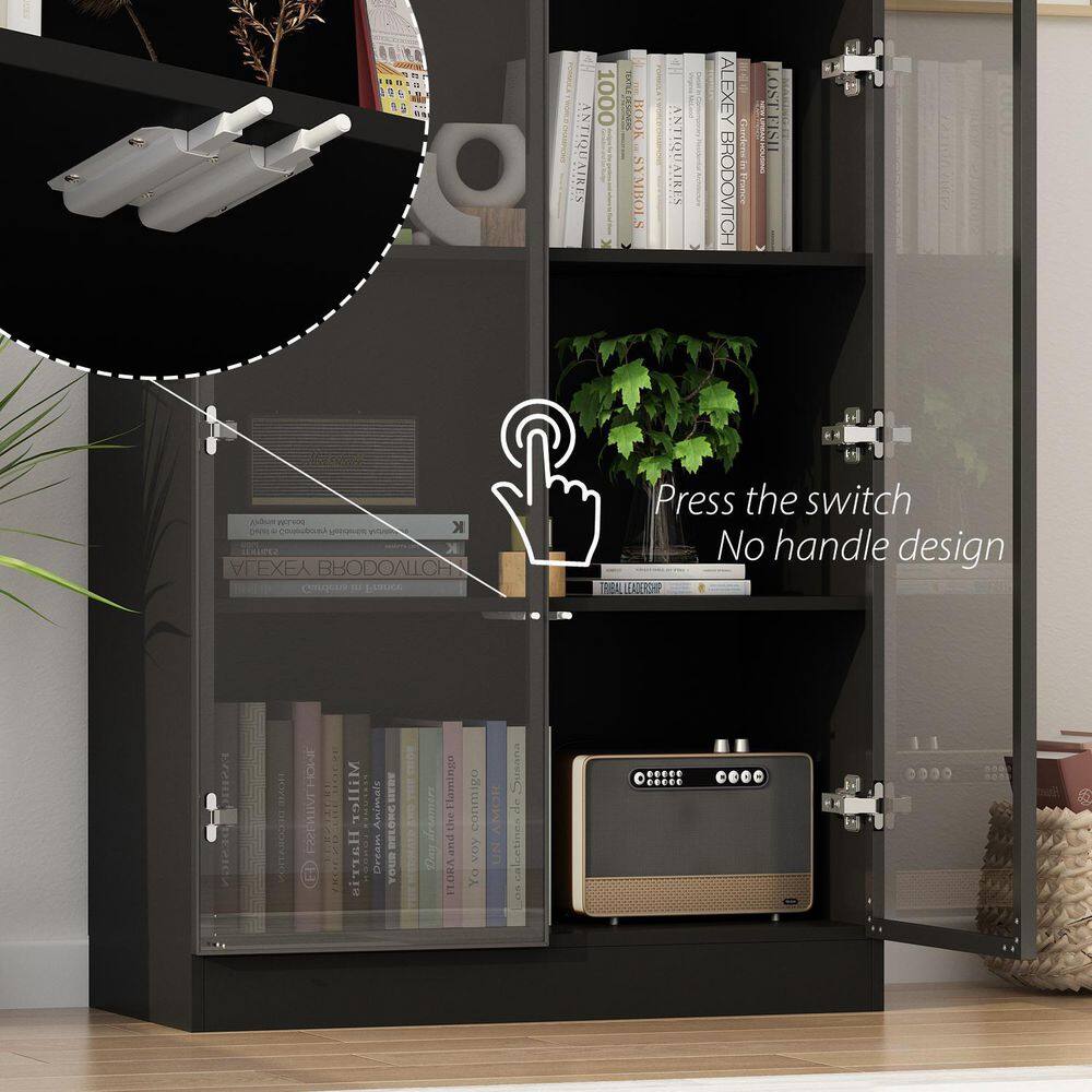 FUFU&GAGA Black Wood Display Cabinet With Tempered Glass Doors and 3-Color LED Lights