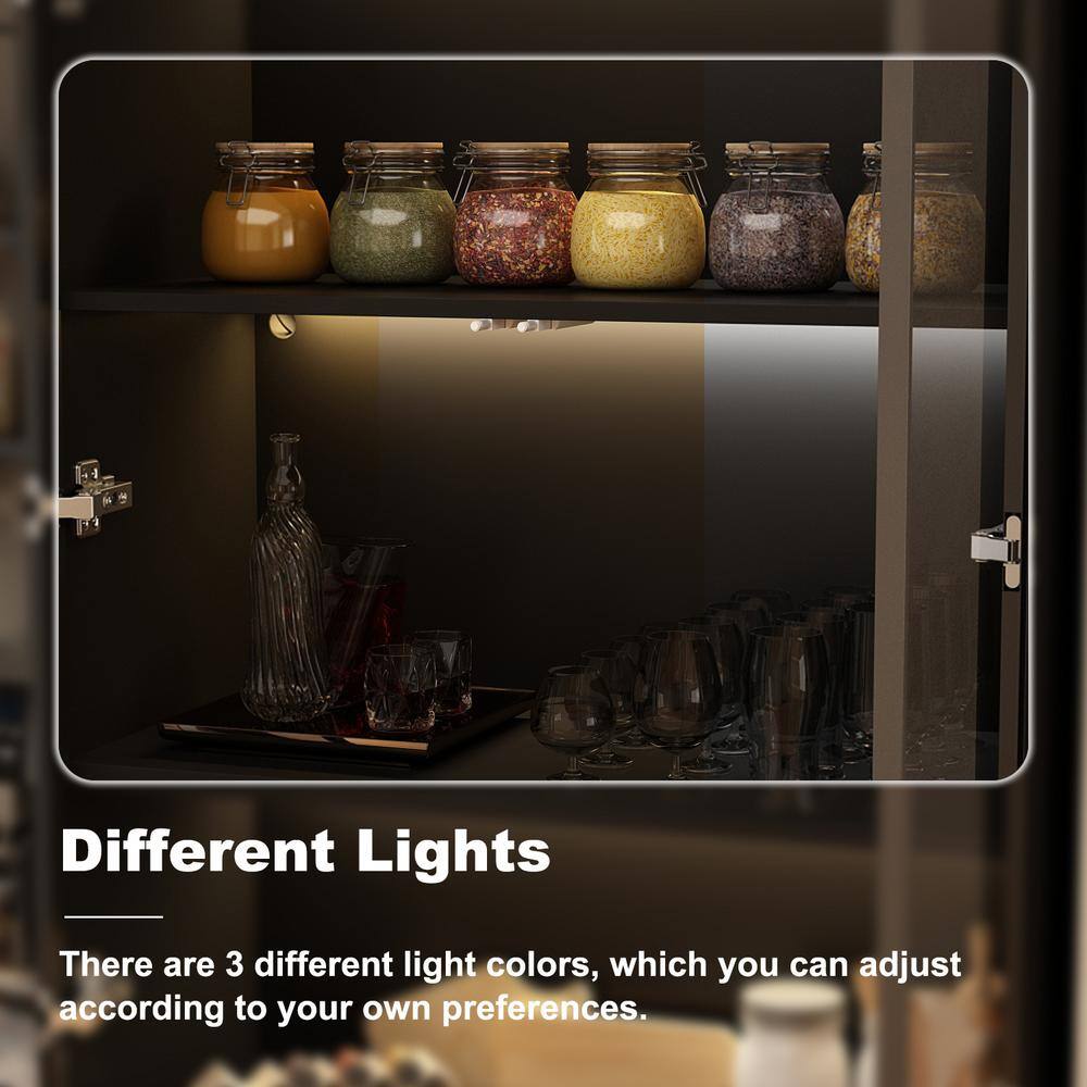 FUFU&GAGA Black Wood Display Cabinet With Tempered Glass Doors and 3-Color LED Lights