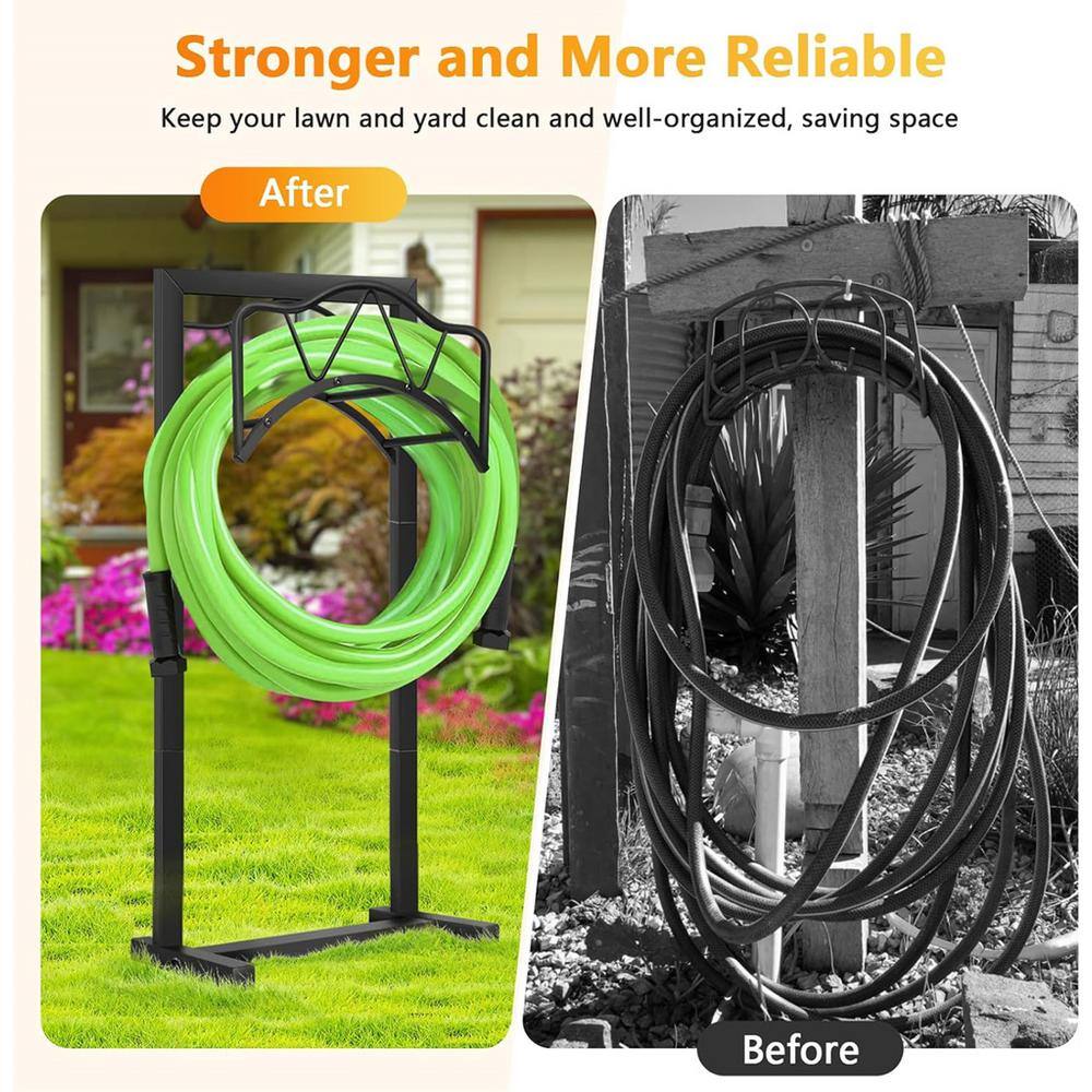 Misopily Freestanding Heavy-Duty Garden Hose Holder, Metal Hose Stand Hose Storge with 4 Spikers, Holds 150 ft. Hose, Black