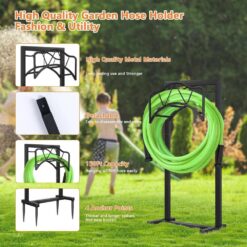 Misopily Freestanding Heavy-Duty Garden Hose Holder, Metal Hose Stand Hose Storge with 4 Spikers, Holds 150 ft. Hose, Black