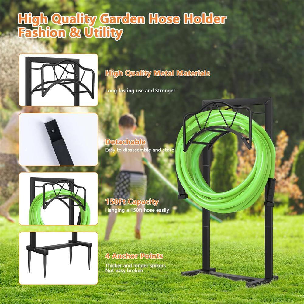 Misopily Freestanding Heavy-Duty Garden Hose Holder, Metal Hose Stand Hose Storge with 4 Spikers, Holds 150 ft. Hose, Black